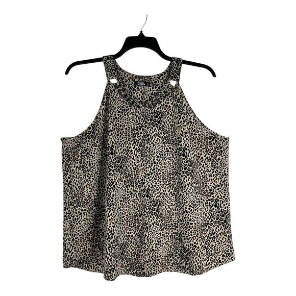 Cure Tops - Cure 1XL Tank Top Blouse Brown Animal Print Sleeveless Cut Out Round Neckline
